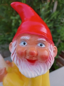 Lustiger Gartenzwerg, der eine Ente reitet, Gesicht