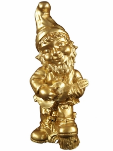 Gartenzwerg mit Gitarre in Gold, Bewegungssensor, 33 cm hoch